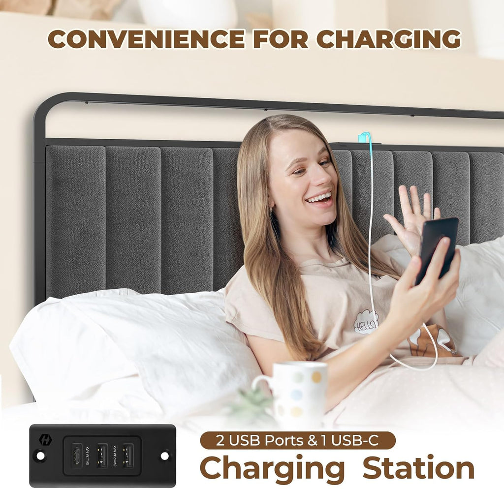 Full Bed Frame with LED Light and Charging Station, Upholstered Headboard and Footboard, Metal Slat, Noise Free