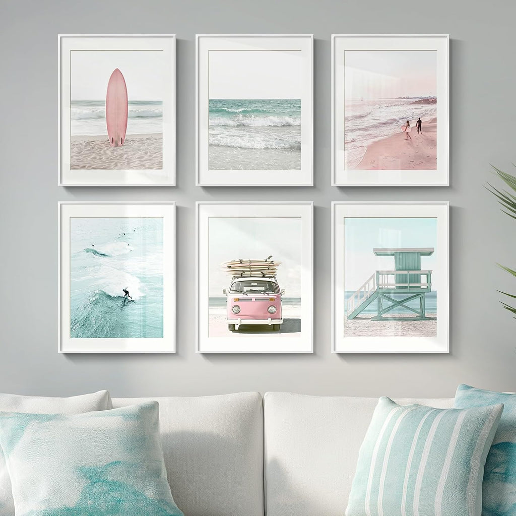 Framed Coastal Beach Wall Art , 6 Piece Ocean Wave Surfboard Beachy Canvas Artworks, Pink and Aqua Green Seascape