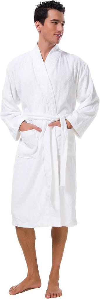 Men's Terry Cotton Robe, Absorbent Kimono Towel Bathrobe for Spa and Hotel, Soft Shower Calf Length Cloth with Pockets