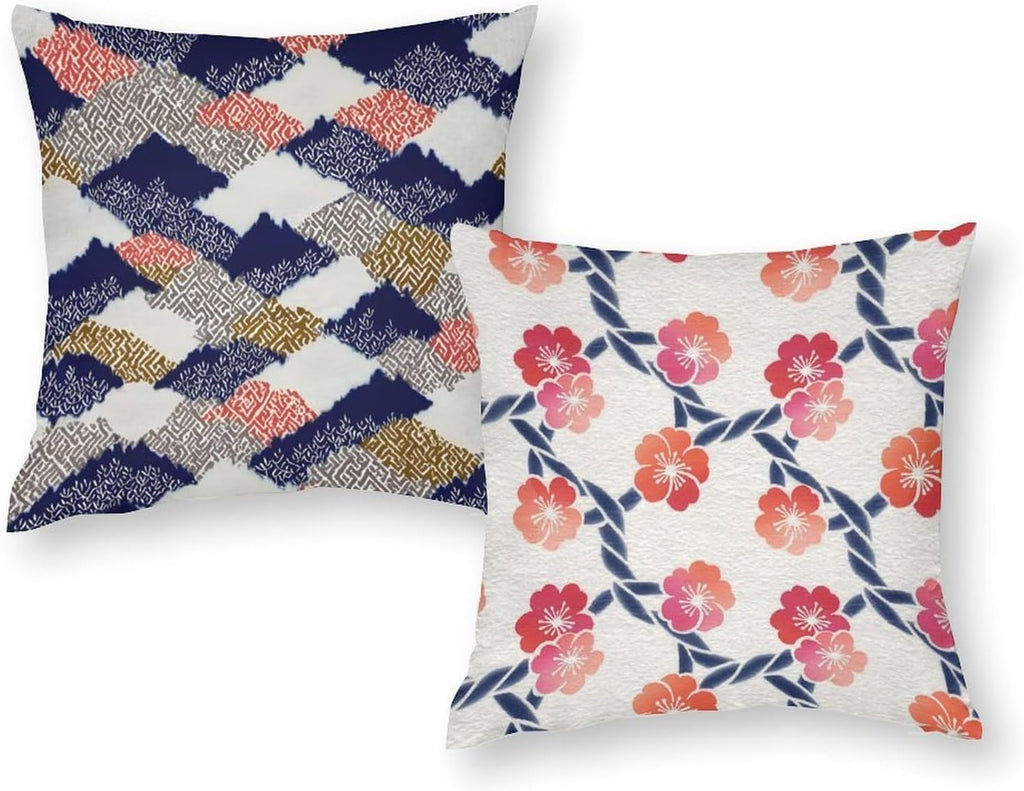 Japanese Retro Mixed Motif Throw Pillow Covers, Warm Autumn‐Winter Living Room Home Accent - Set of 2