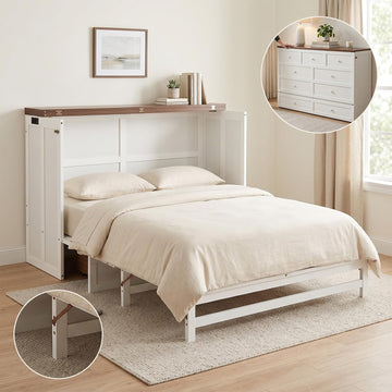 Queen Murphy Bed with Storage Drawer and USB Port, Wall Murphy Bed Frame with Charging Station, Foldable Cabinet