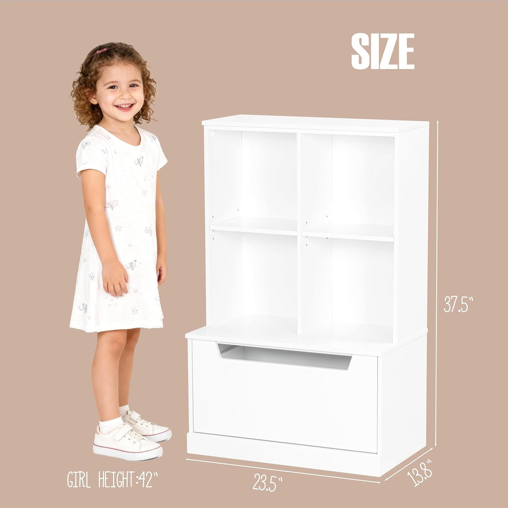 Kids Bookshelf and Toy Storage Organizer, Toddler Bookcase with Cubby | Adjustable Wood Shelf, Full-Width Drawer