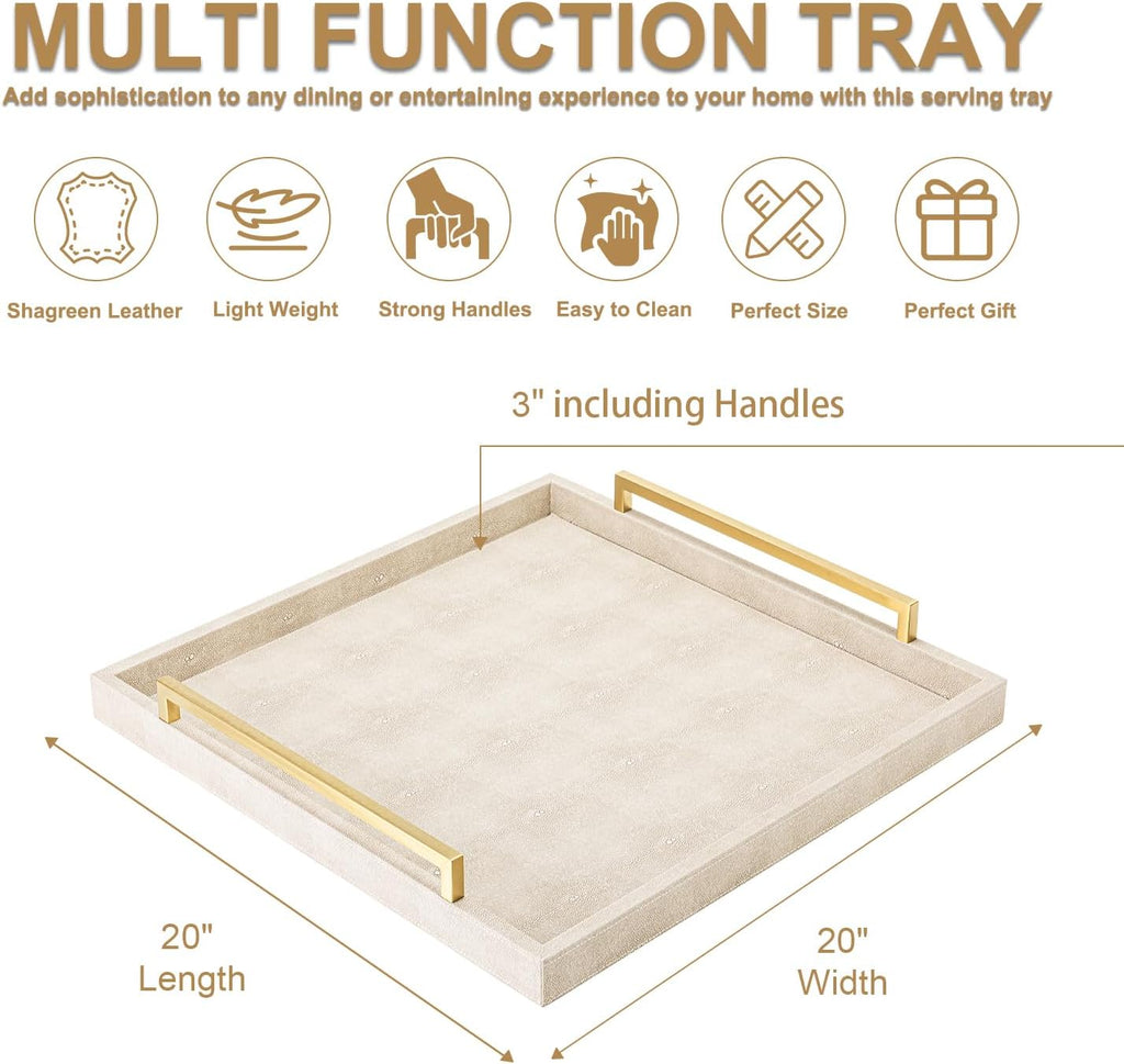 Large Ottoman Tray for Coffee Table,Square Shagreen Leather Decorative Tray with Gold Handles Decor