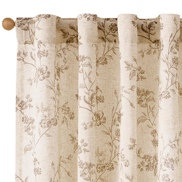 Taupe Vintage Floral Linen Curtains Farmhouse 38W X 84L 2 Panels
