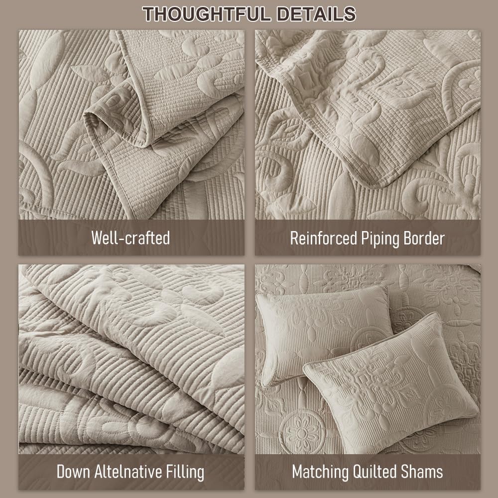 Beige Damask Quilt Bedding Sets with 2 Pillow Shams, Boho Bedspread Lightweight Soft Farmhouse Vintage Bohemian