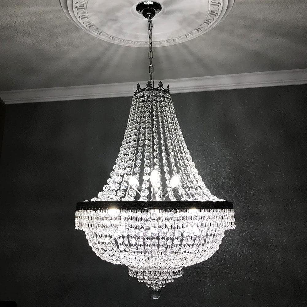 French Empire Crystal Chandelier Lighting 9 E12 Bulbs with Adjustable Hanging Light Modern Crystal Pendant Flush Mount Ceiling Light Fixture for Dining Living Room Foyer W 24'' x H 30''