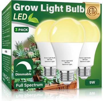 3 Pack Full Spectrum Grow Light Bulbs,A19 Grow Lights for Indoor Plants,Dimmable E26 9W Grow Bulb Replace up to