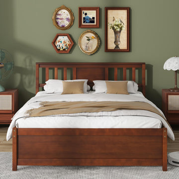 Full Size Solid Wood Platform Bed Frame, Mid Century Full Bed Frame with Headboard, Wood Slat Support, Double Panel