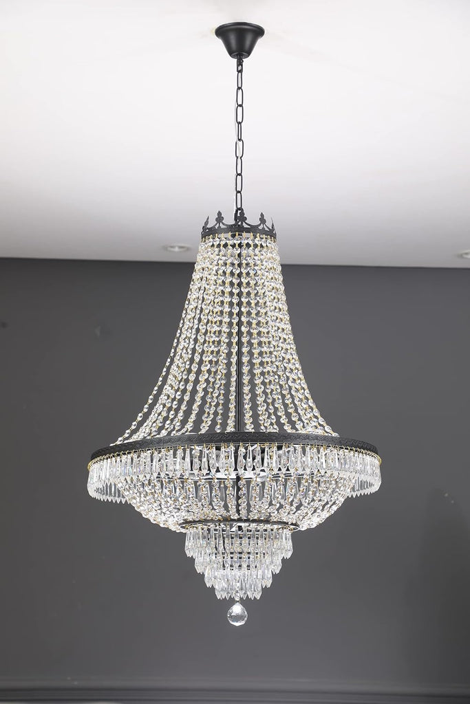 Crystal Chandelier, 9-Light French Empire Country Foyer Chandelier Pendant, Hanging Ceiling Lighting Fixture for Dining Living Room Bedroom Kitchen, W 24'' x H 30'', Black
