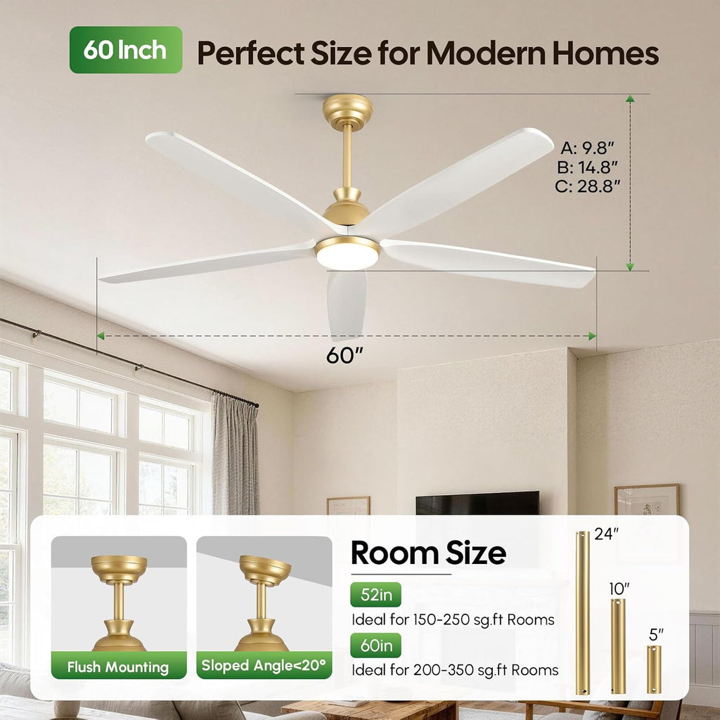 60" Ceiling Fan with LED Light and Remote - White Gold
