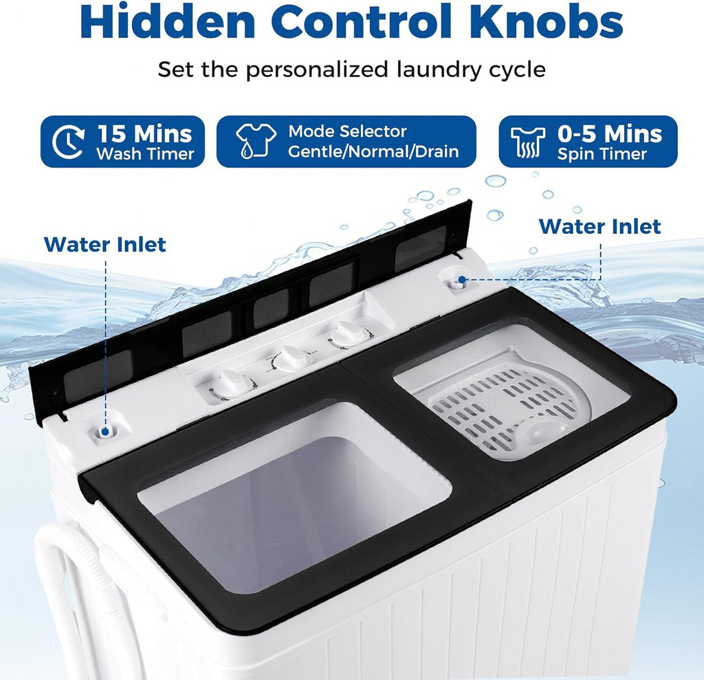 Portable Washing Machine, 26LBS Twin Tub Mini Compact Laundry Washer Spinner Combo with Drain Pump, 18Lbs Washer and 8Lbs Spinner for Apartments, RVs, Dorms, Black+White