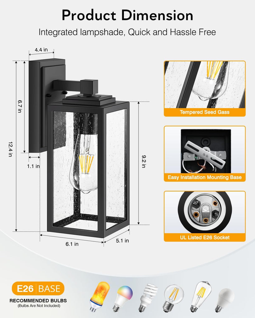 Outdoor Wall Lights, Porch Lights Outdoor Lantern, Black Waterproof Outdoor Light Fixtures Wall Mount with Seed Tempered Glass
