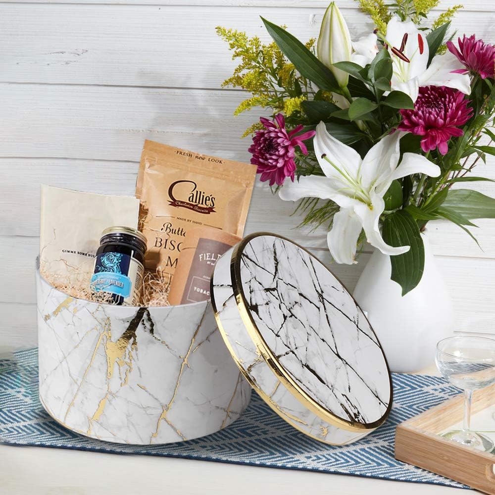 Round Gift Boxes with Lids Marble White Gift Box Assorted Sizes Nesting Gift Boxes for Presents Birthday - Set of 4