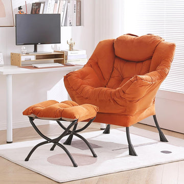 Lazy Chair with Ottoman, Modern Accent Chair with Armrests and a Side Pocket, Velvet Orange Accent Chairs, Reading