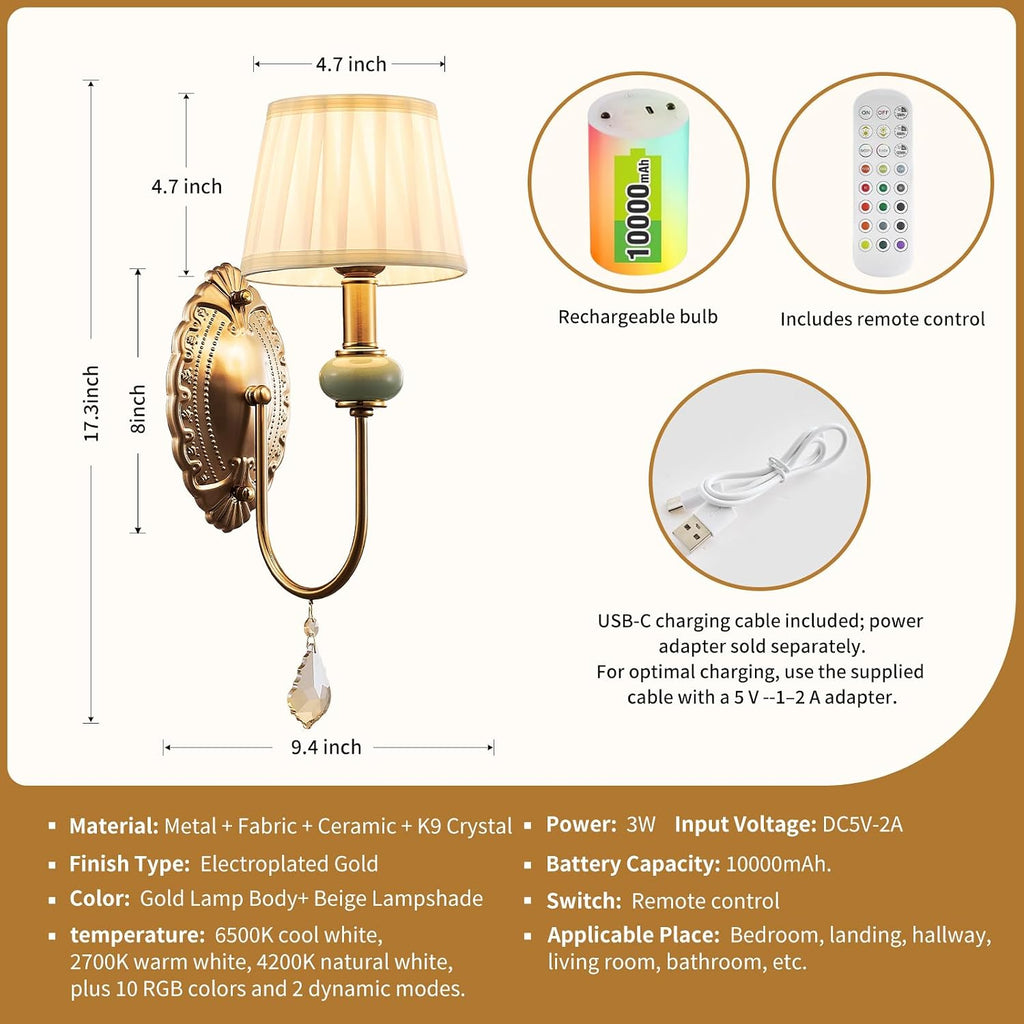 Wireless Battery Operated Antique Brass Wall Sconces Set of 2, 10000mAh Rechargeable Gold Crystal Vintage Fabric