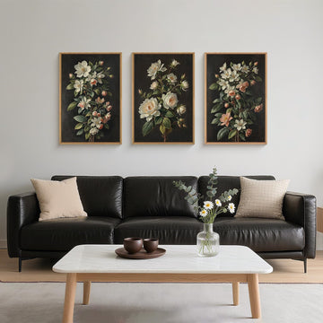 Large Dark Moody Flowers Framed Canvas Print Wall Art Set,Vintage Antique Black Botanical Wall Decor,Retro Modern