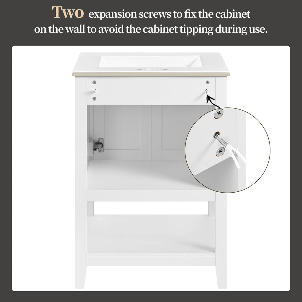 24" Modern Bathroom Vanity with Rectangular Ceramic Sink - Freestanding Vanity Cabinet