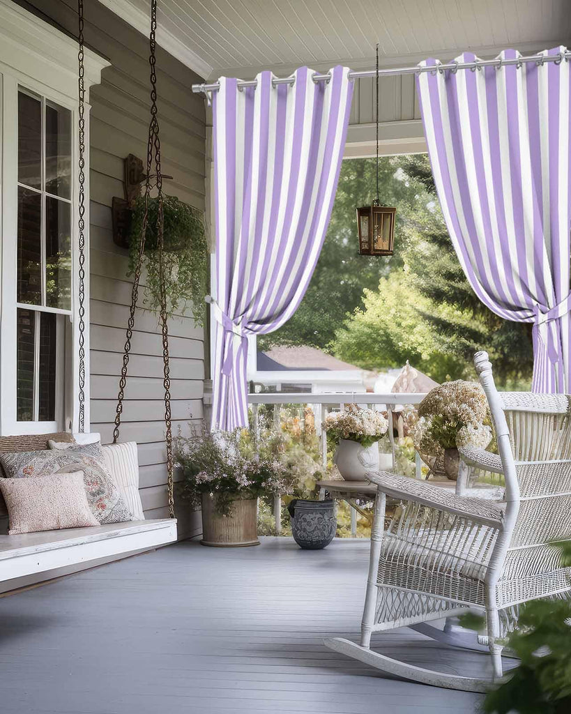 Stripe Outdoor Curtains Waterproof Outside Curtain 2 Panel, Purple White Window Treatment Drapes Vertical Striped