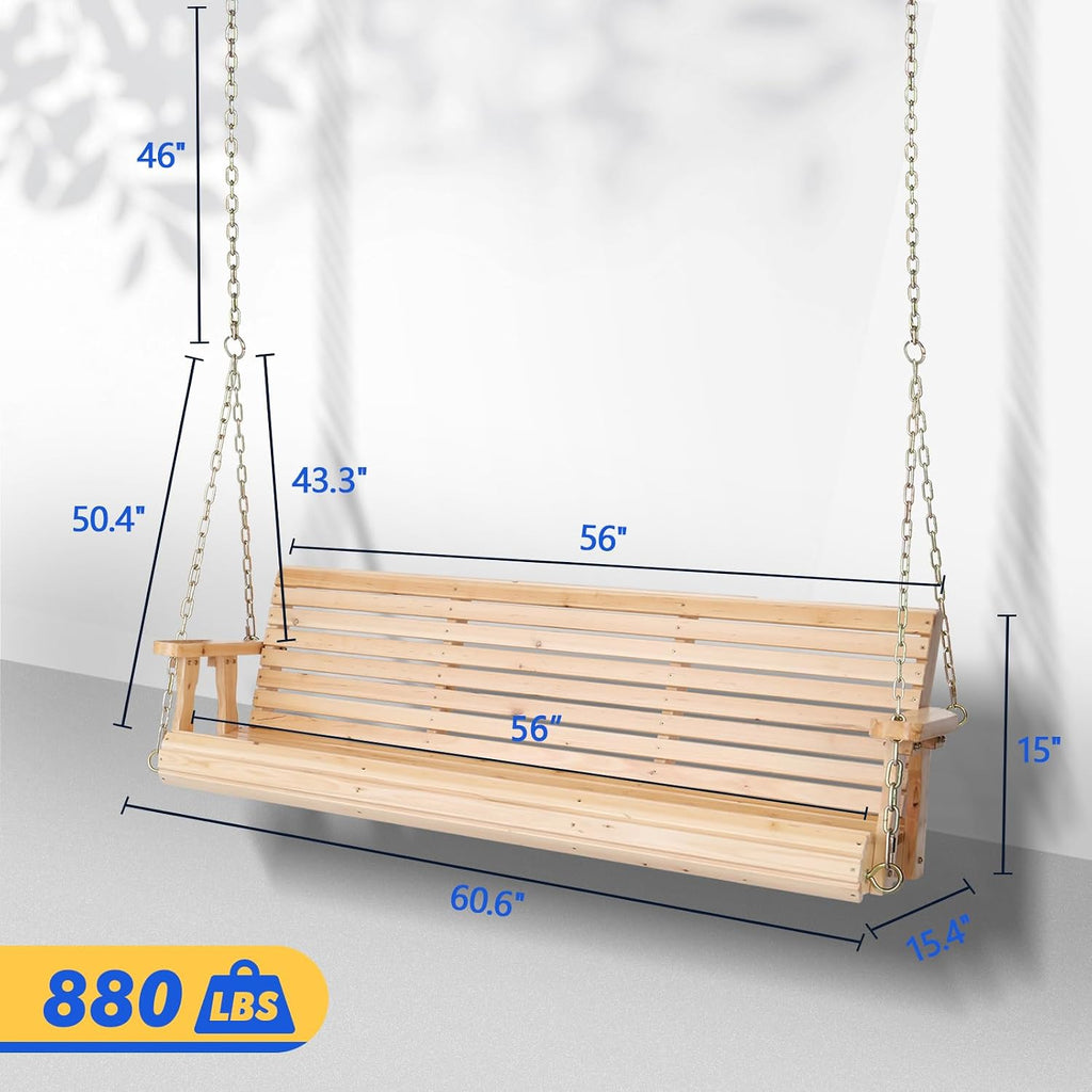 2026 Upgraded 5 FT Wooden Porch Swing, 880 LBS Heavy Duty, Natural | 2026 Upgraded Design; Heavy-Duty Wooden Swing;
