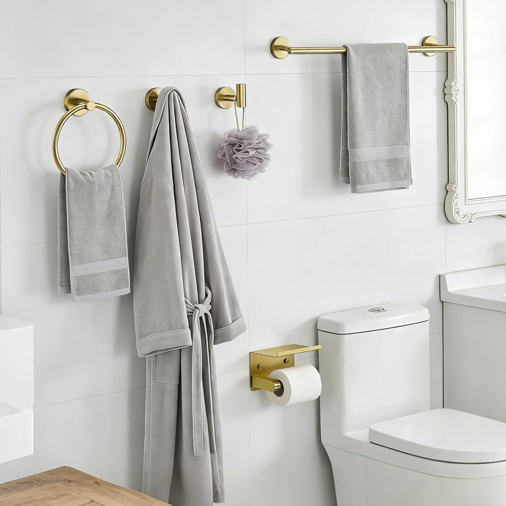 5-Pieces Wall Mount Bathroom Hardware Set,22in Brushed Gold Towel Bar Set | Stainless Steel Waterproof Bathroom