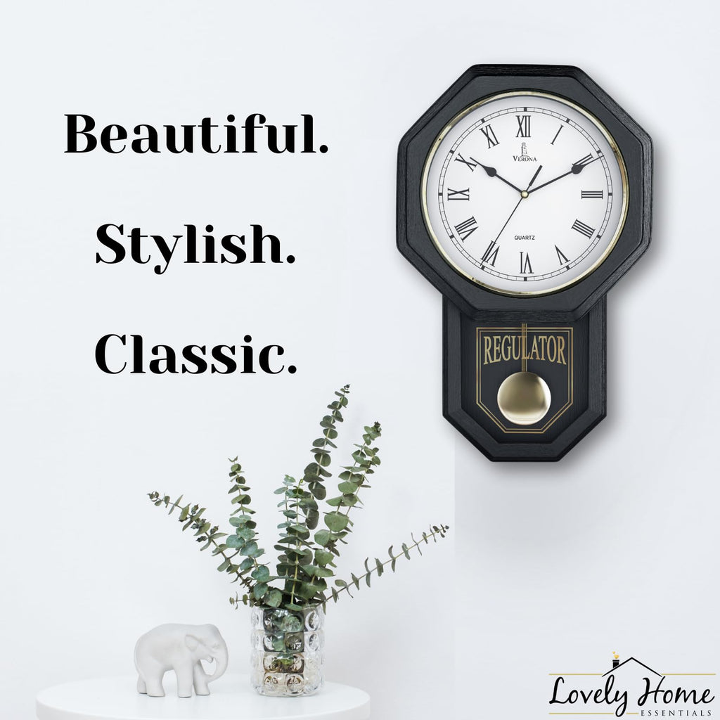 Pendulum Wall Clock, Real Wood Regulator Clock, Black, Quiet Non-Chiming