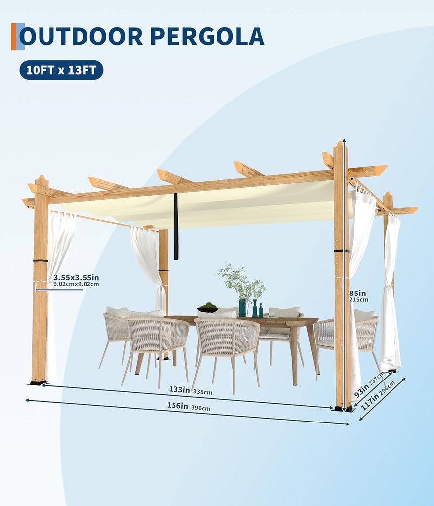 10 x 13 ft Wood Grain Aluminum Pergola with Retractable Canopy & Netting, Outdoor Sun Shade Shelter for Patio, Garden