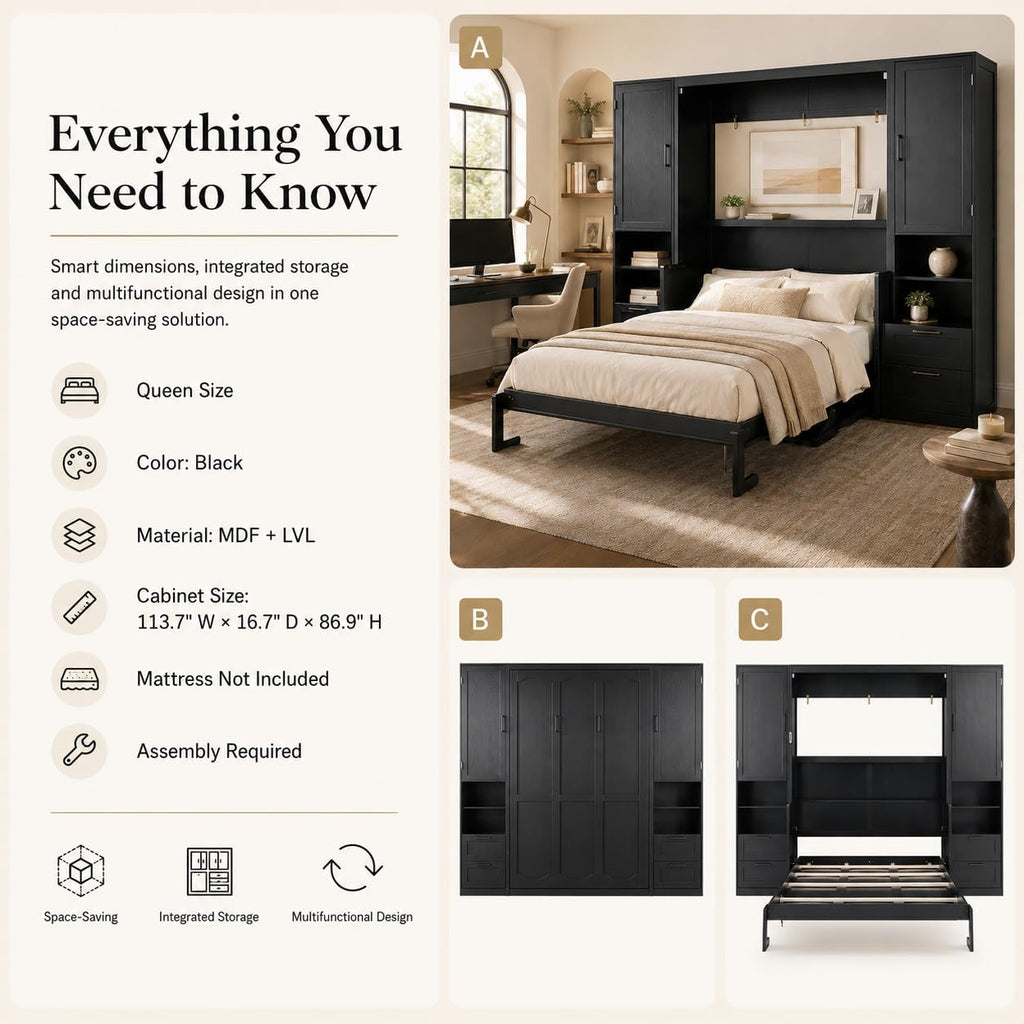 Queen Murphy Bed Cabinet with Desk & Storage, Wall Bed Cabinet Bed with Closet, Drawers and Shelves, Hidden Folding