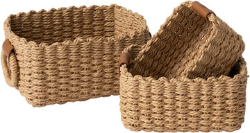 Small Wicker Baskets for Organizing, Desert 3 Pack | Decorative Organizer with Vegan Leather Tag, Round Handle