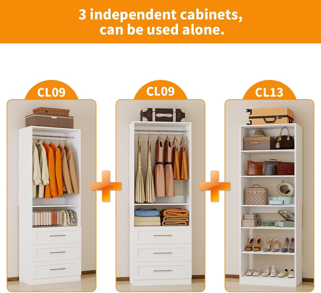 Closet System with 3 Sets, 6FT-15FT Closet Organizer Systems with 6 Wooden Drawers 8 Shelves & 4 Hanging Rods, Walk
