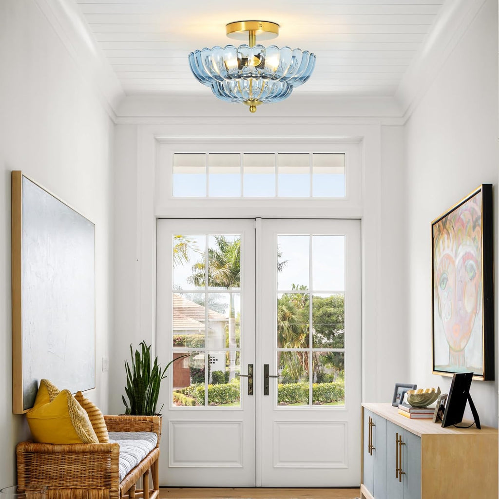 3-Light 12 Inch Blue Semi Flush Mount Ceiling Light | Modern Flush Mount Ceiling Light with Flower Glass Shade