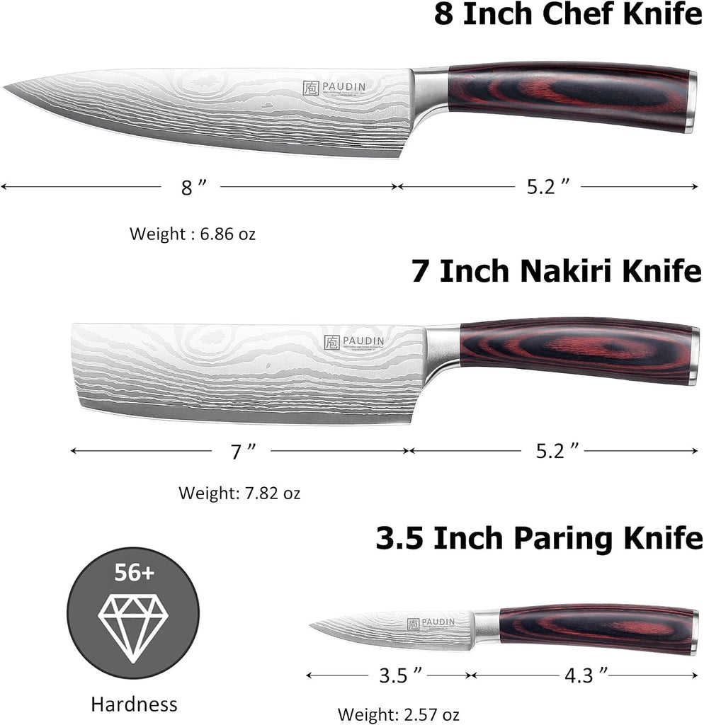Kitchen Knife Set, 3 Piece High Carbon Stainless Steel Professional Chef Knife Set with Ultra Sharp Blade & Wooden