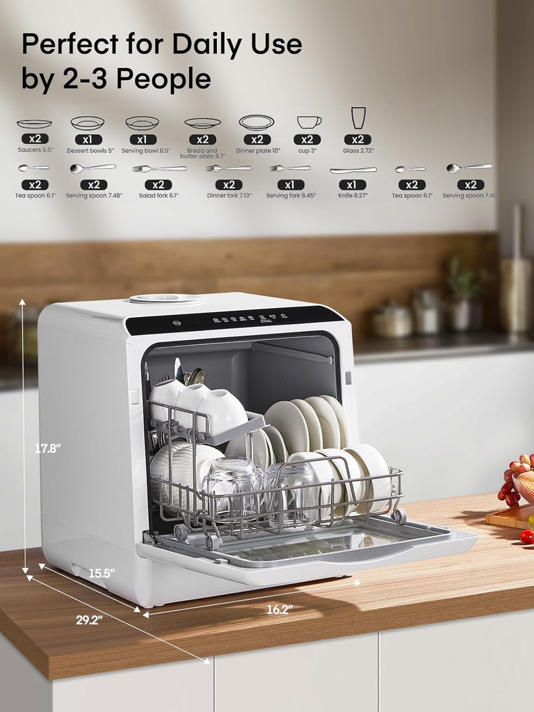 Countertop Dishwasher with Delay Start, No Hookup Needed, 5+1 Wash Programs, 360° Dual Spray, 167° High-Temp Wash