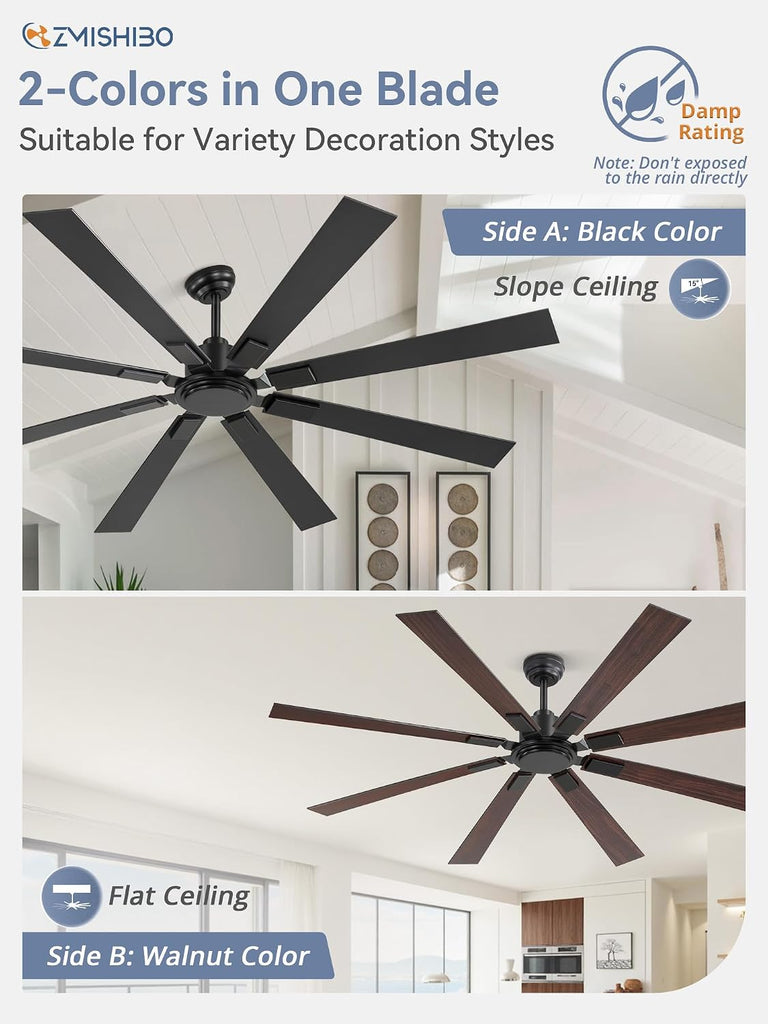 72 Inch Ceiling Fan No Light with Remote, Black Large Ceiling Fan Without Light with Quiet Reversible DC Motor