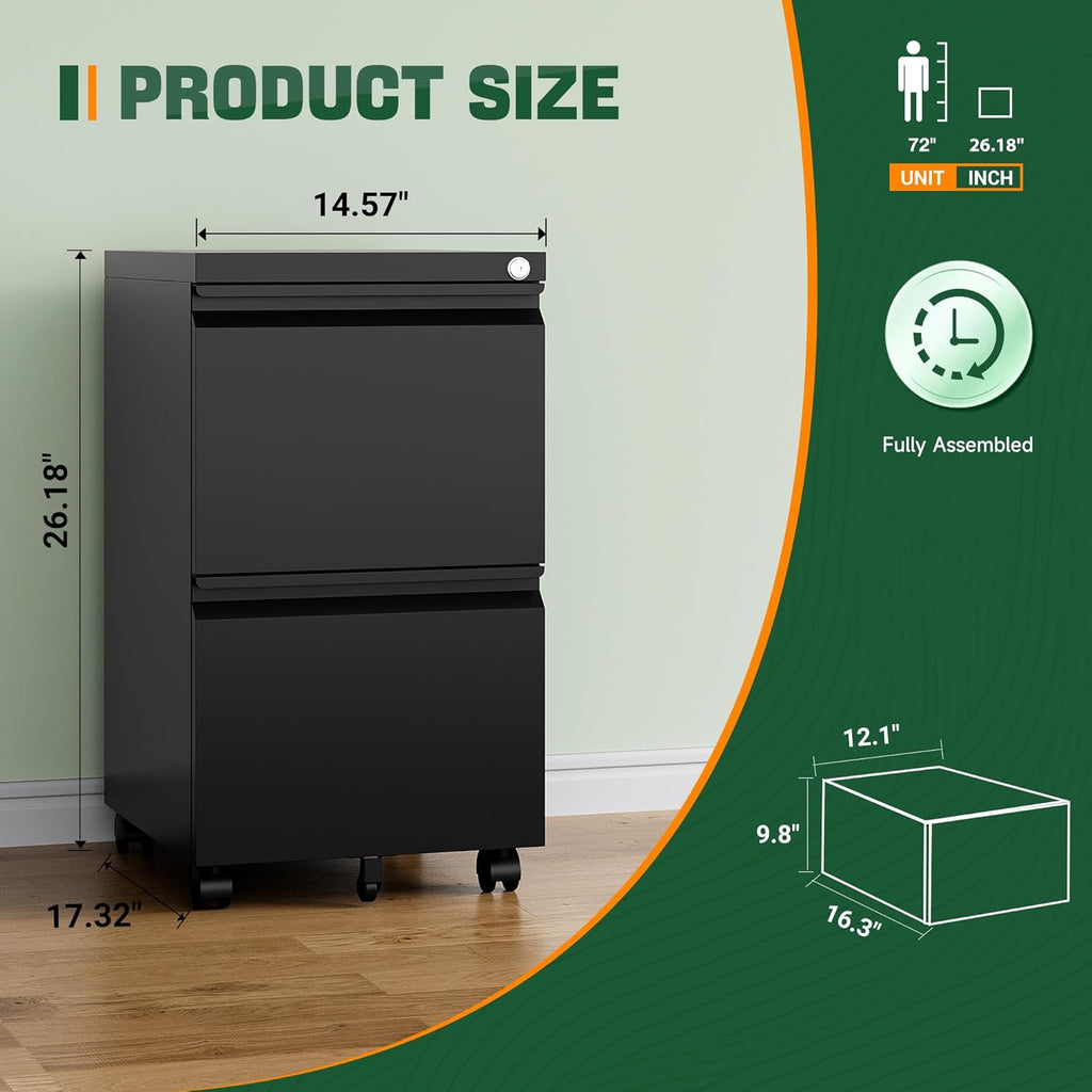 Mobile File Cabinet with Lock,2 Drawer Under Desk Metal Rolling Filing Cabinets Organizer Letters/Legal/A4(Fully