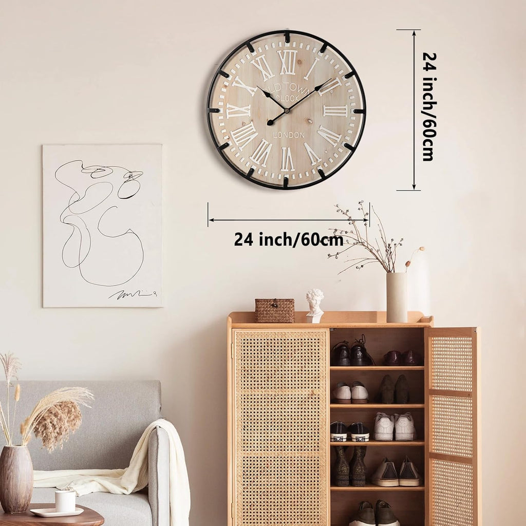 Farmhouse 24 Inch Extra Large Decorative Wall Clock with Metal Circle
