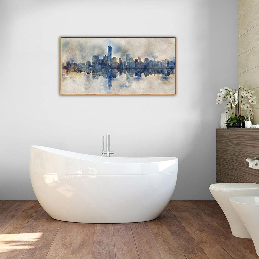 NYC Framed Canvas Wall Art Abstract Painting Wall Decor Indigo Blue Gray Panoramic Art Print New York Skyline