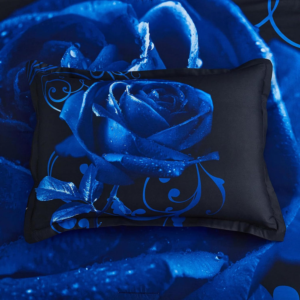 Blue Comforter Set 7 Piece Bed in a Bag Blue Rose Comforter with Sheet Set Soft Micorfiber Reversible