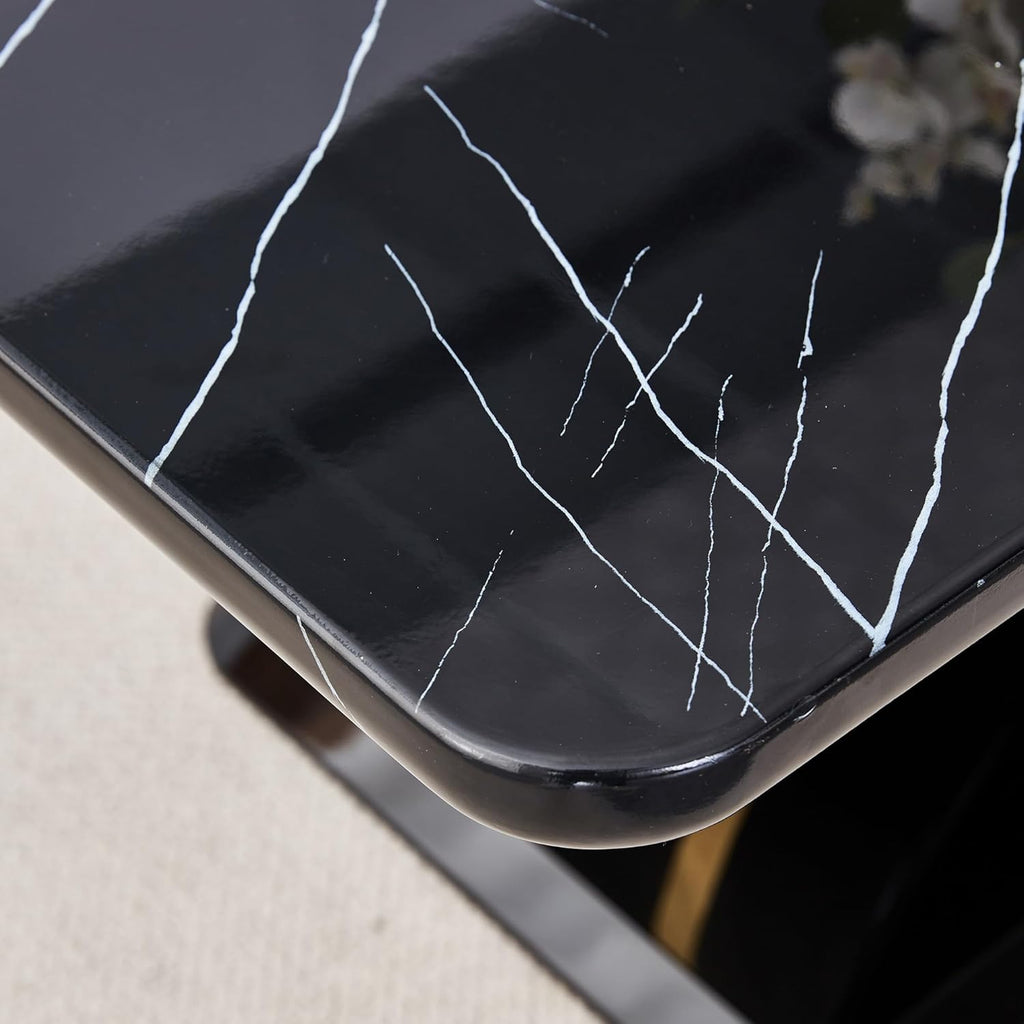 63" Black Marble-Look Dining Table for 6, Modern Rectangular Kitchen & Dining Room Table, Glossy Faux Marble Finish