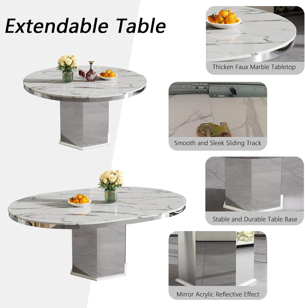 Modern 47"-63" Round White Faux Marble Extendable Dining Table for 4-6, Luxury Round Dining Room Table, Kitchen