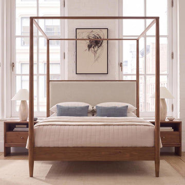 Queen Size Wood Canopy Bed Frame, Walnut Vintage Four-Posters Platform Beds