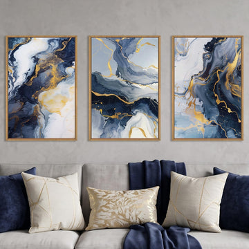 Abstract Navy Blue and Gold Framed Canvas Wall Art Set-16"x24"x3
