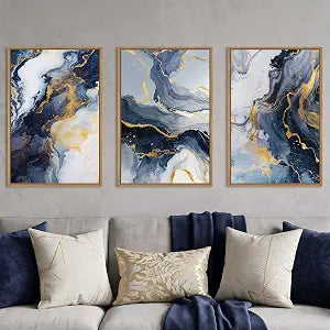 Abstract Navy Blue and Gold Framed Canvas Wall Art Set-16"x24"x3