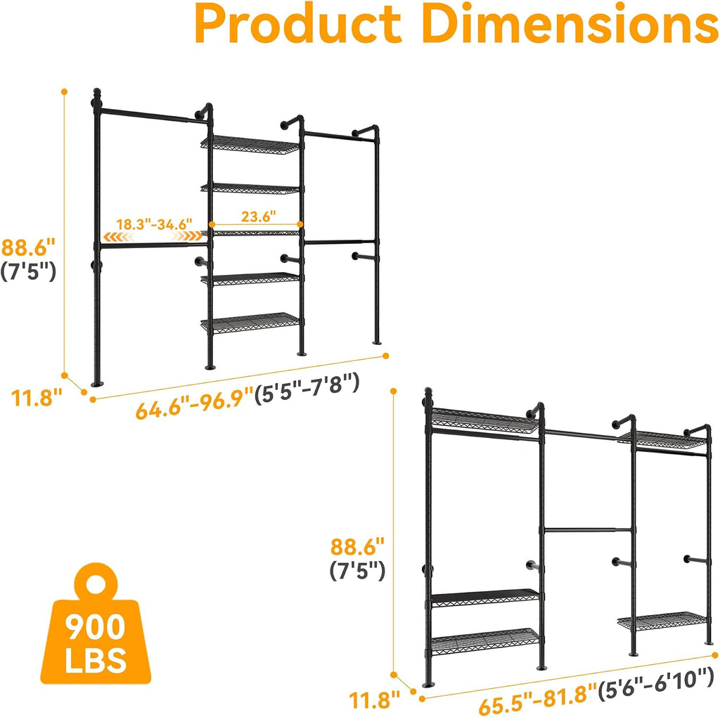 W3 Industrial Pipe Clothing Rack, Wall Mounted Clothes Rack Closet Wardrobe System with Expandable Hanger Rods