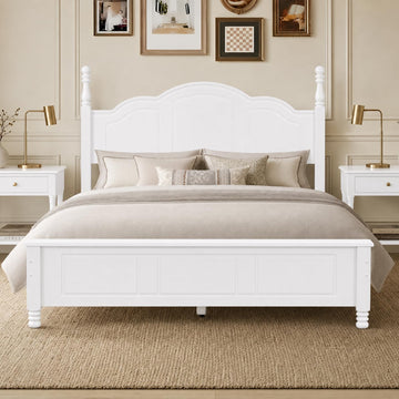 White Wood Bed Frame Full Size with Wave Shaped Gothic Headboard