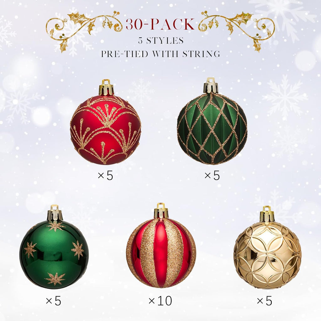 Christmas Balls Ornaments, Shatterproof Xmas Tree Decorations, Hanging Bulbs Baubles Set with String for Holiday - Set of 30