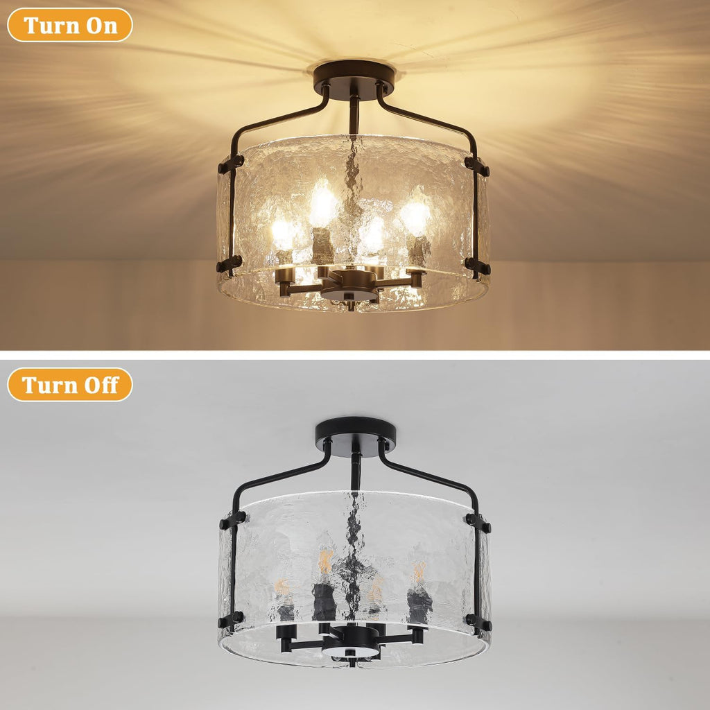 4-Light Modern Black Semi Flush Mount Ceiling Light, 15.35" Thick Hammered Glass Entryway Light Fixture Drum
