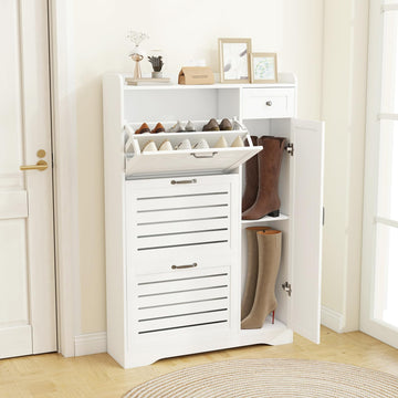 White Narrow Shoe Cabinet Storage with Flip Drawers