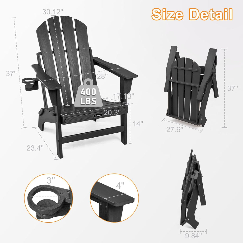 Folding Adirondack Chairs Set of 4, Fire Pit Chairs with Cupholder | Wood-Grain, Stable Gun-Leg, HDPE All Weather, No