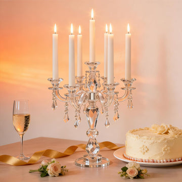 14inch Clear Crystal Candle Holder, Elegant 7-Arms Candlestick Holders Crystal Candelabra Decorative Pillar Candle