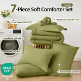 Queen Comforter Set Olive Green, 7 Pieces Soft Bedding Sets Queen, All Season Lightweight Bed in a Bag with Comforter